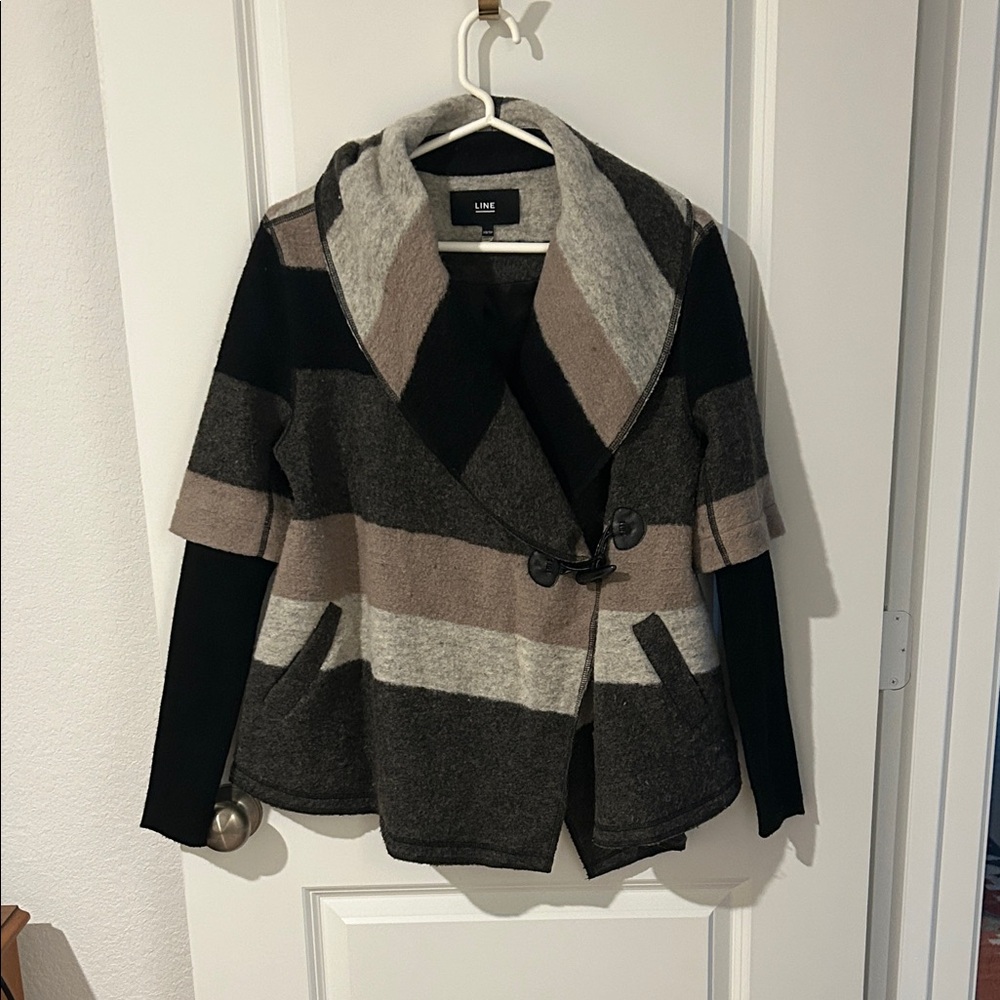 LINE Striped Wool-Blend Hooded Coatigan in Black, Gray & Taupe
